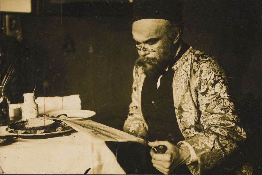 Paul Verlaine, vêtu d'une robe de chambre en soie de Chine, à l'atelier de Philippe Zilcken, par Willem Witsen Paul Verlaine, Quinze jours en Hollande, Lettres à un ami. Johan Thorn Prikker Brieven Philippe Zilcken Souvenirs la Revue Blanche 1896. Frans leren, Vivienne Stringa