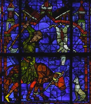 Vitrail de David et Ezéchiel Cathédrale de chartres, On notera le sens des détails. L’animal est aveuglé par un tissu. Le boucher a retourné sa hache puisqu’il assomme avec la cognée. 