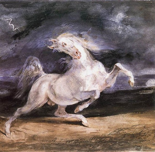 Cheval effrayé par l'orage. Aquarelle, Eugène Delacroix.