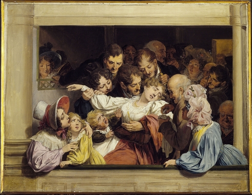 Louis Léopold Boilly (1761-1845), L'Effet du mélodrame, 1830, huile sur toile. Baudelaire Les Drames et les romans honnêtes , scholen, docenten, communication avancée, Uitgeverij, gespreksvaardigheid oefenen, erk-normen, methode spreekvaardigheid, mondeling eindexamen Frans, mondeling oefenen Frans, Frans leren, Vivienne Stringa, correspondentie, frans vertaligen