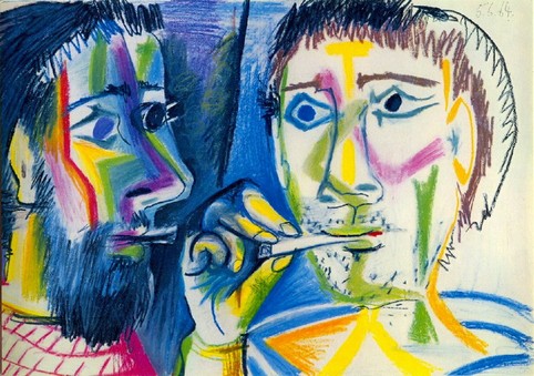 Picasso Pablo, 1881-1973,  Title : Deux fumeurs (Têtes) Date:1964, Crayons de couleur et pastel sur papier. Georges Dubosc  étude historique très bien documentée sur l’introduction des Cigares et cigarettes en France.  texte audio,scholen, docenten,  methode spreekvaardigheid, mondeling eindexamen Frans, mondeling oefenen Frans 