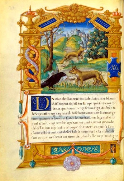 "De flaterie ou adulation" Middeleeuws dierenboek, bestiarium, le bestiaire, dierenfabels, geschiedenis van de fabels, miniatuurschilderingen, Roman de Renart, Franse fabels, Marie de France, Isopets, Vos, wolf Ysengrin, Tiecelin de raaf, de haan Kantekleer, Bruin de beer, leeuw koning Noble, Vivienne Stringa