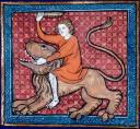 Samson tue le lion avec la mâchoire d'un âne Middeleeuws dierenboek, miniatuurschilderingen, Guiard des Moulins, Bible historiale, XIVe eeuw, Samson, Daniel, Hercules en de leeuw van Nemea, Allegorie der hoofdzonden, Middeleeuwse literatuur, Frans leren à la française, Vivienne Stringa 				