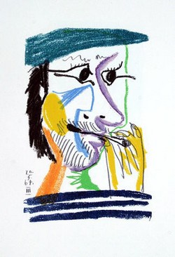 Pablo Picasso Le Fumeur, Litografie 21 x 14 cm, 1964.Georges Dubosc  étude historique très bien documentée sur l’introduction des Cigares et cigarettes en France.  texte audio,scholen, docenten,  methode spreekvaardigheid, mondeling eindexamen Frans, mondeling oefenen Frans